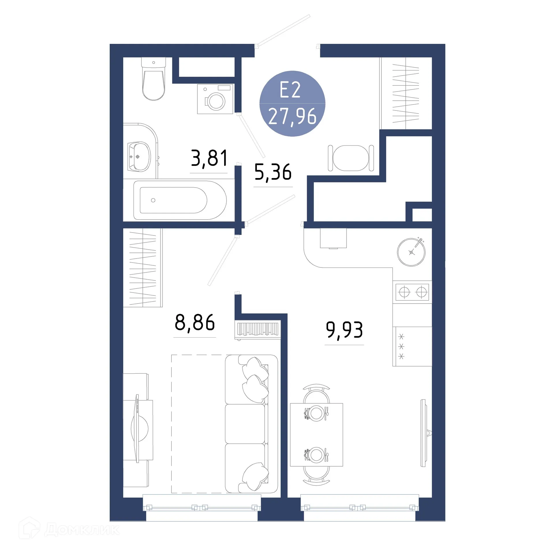 Планировка 1-комнатной квартиры 27.96 м² в ЖК Бульвар оптимистов, г. Дядьково — фото 43