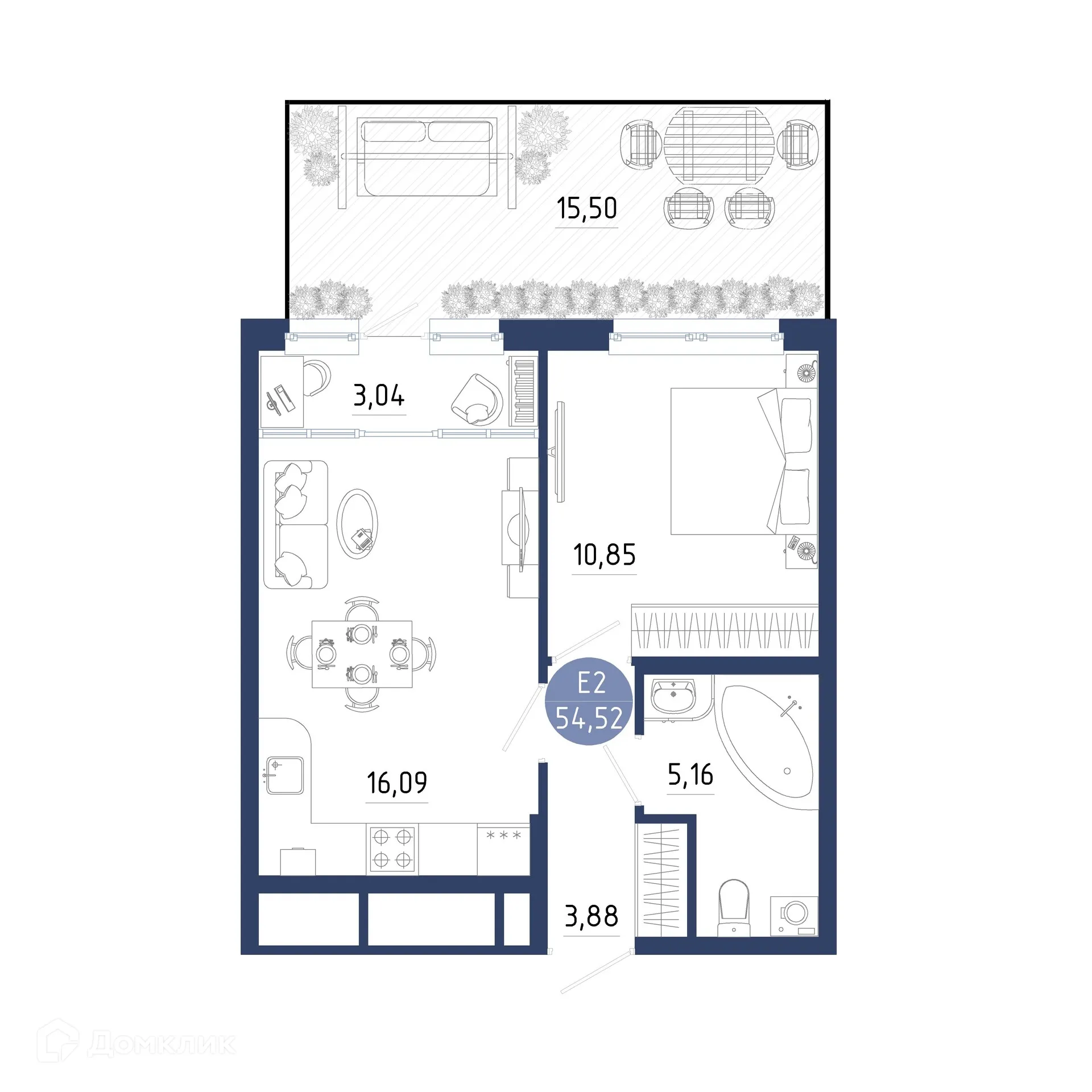 Планировка 1-комнатной квартиры 54.52 м² в ЖК Бульвар оптимистов, г. Дядьково — фото 4