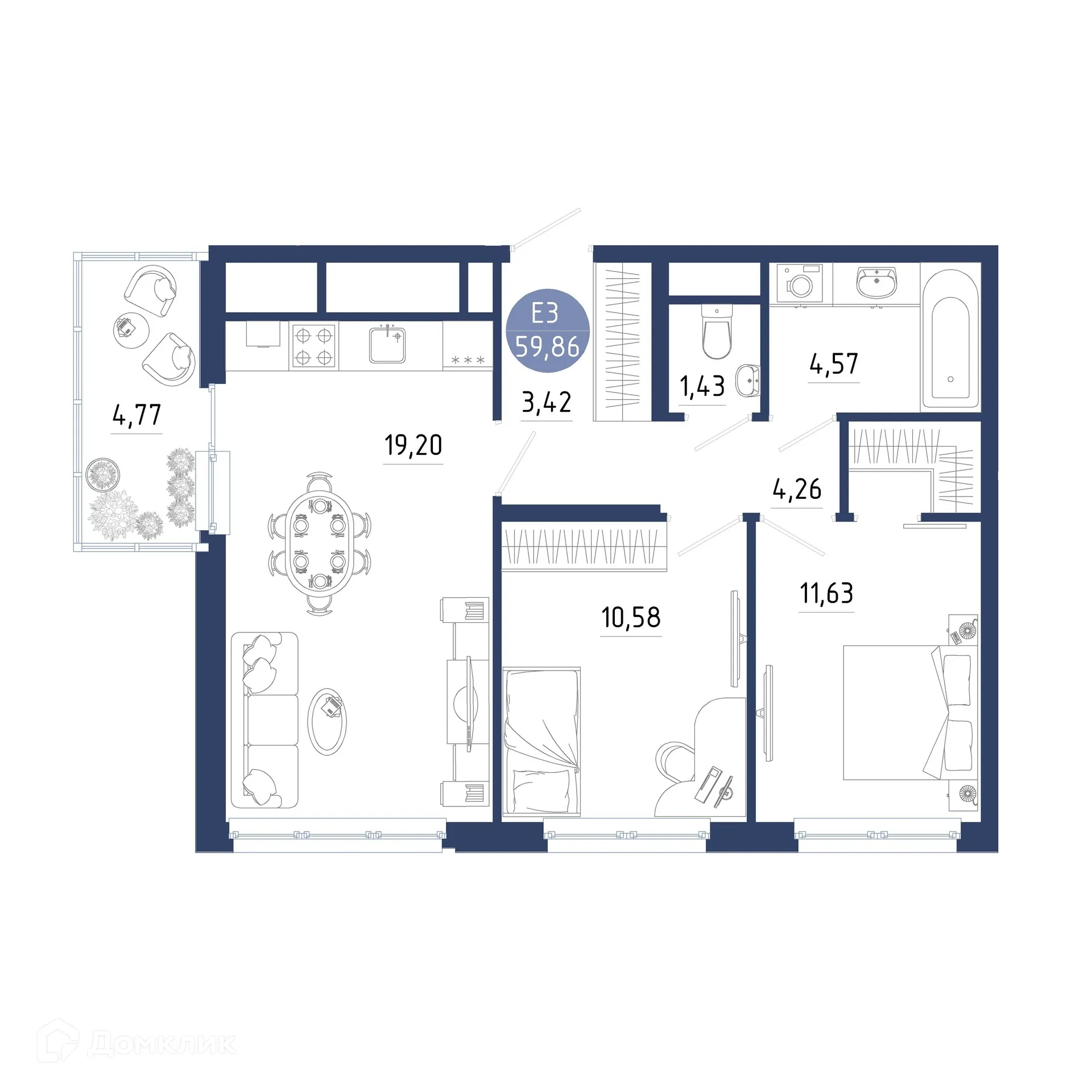 Планировка 2-комнатной квартиры 59.86 м² в ЖК Бульвар оптимистов, г. Дядьково — фото 1