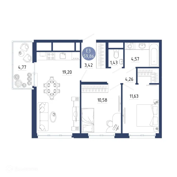 Планировка 2 комн. в ЖК Бульвар оптимистов