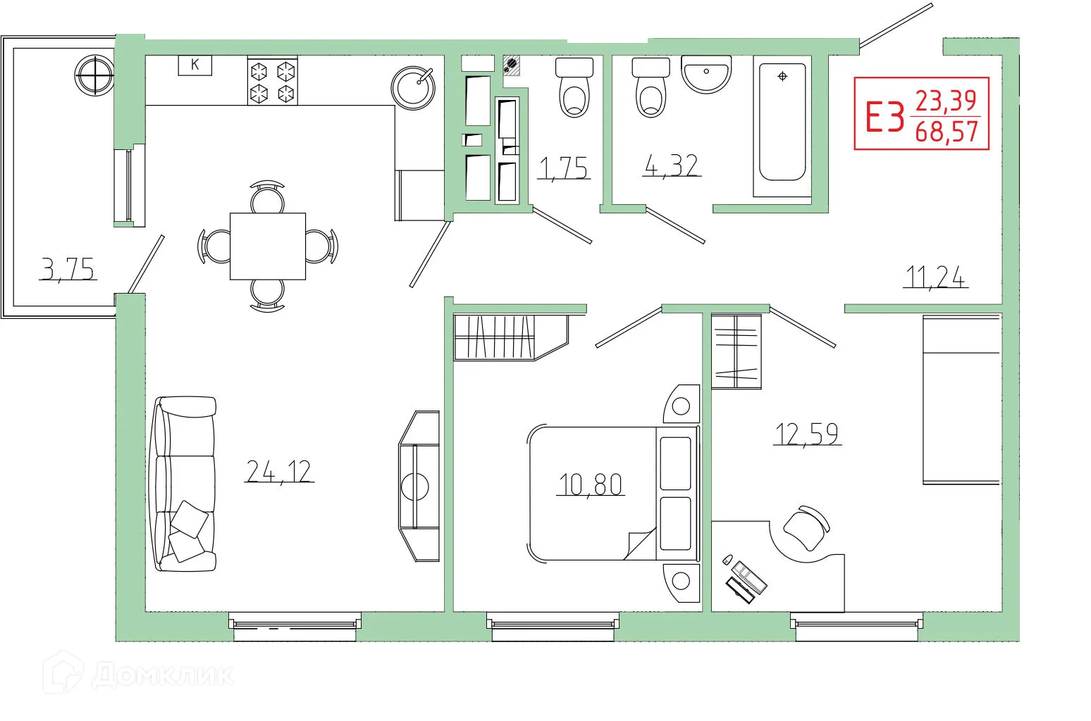 Планировка 2-комнатной квартиры 68.57 м² в ЖК Бульвар оптимистов, г. Дядьково — фото 1