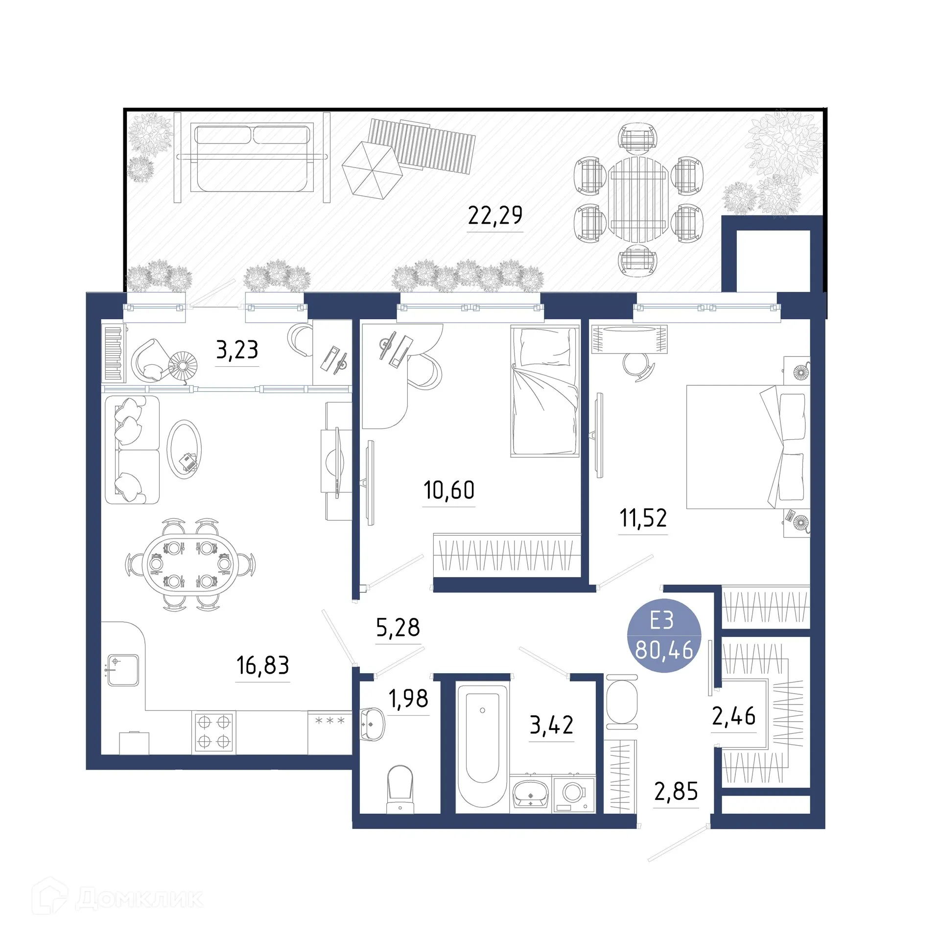 Планировка 2-комнатной квартиры 80.46 м² в ЖК Бульвар оптимистов, г. Дядьково — фото 23