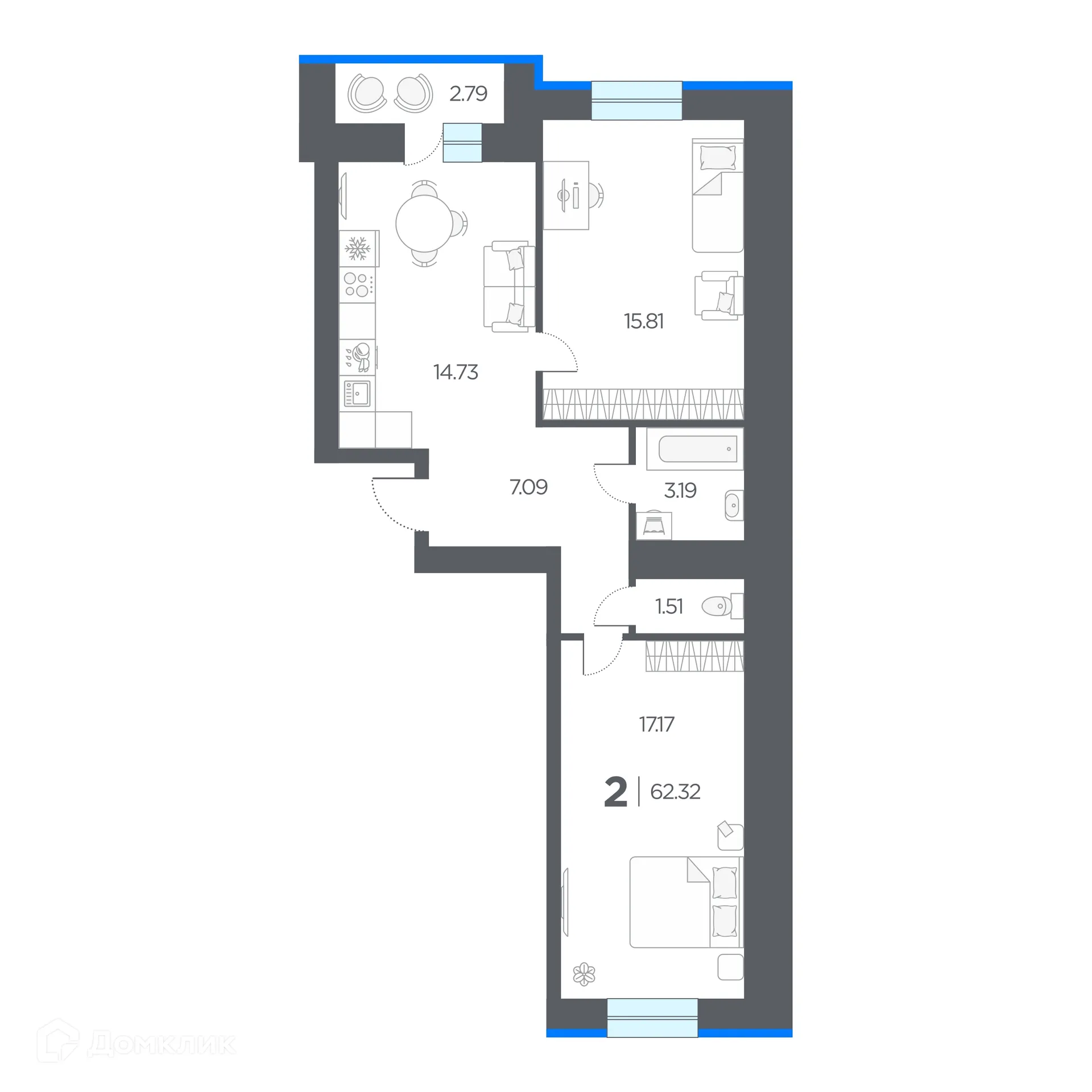 Планировка 2-комнатной квартиры 62.32 м² в ЖК ОГНИ, г. Дядьково — фото 3