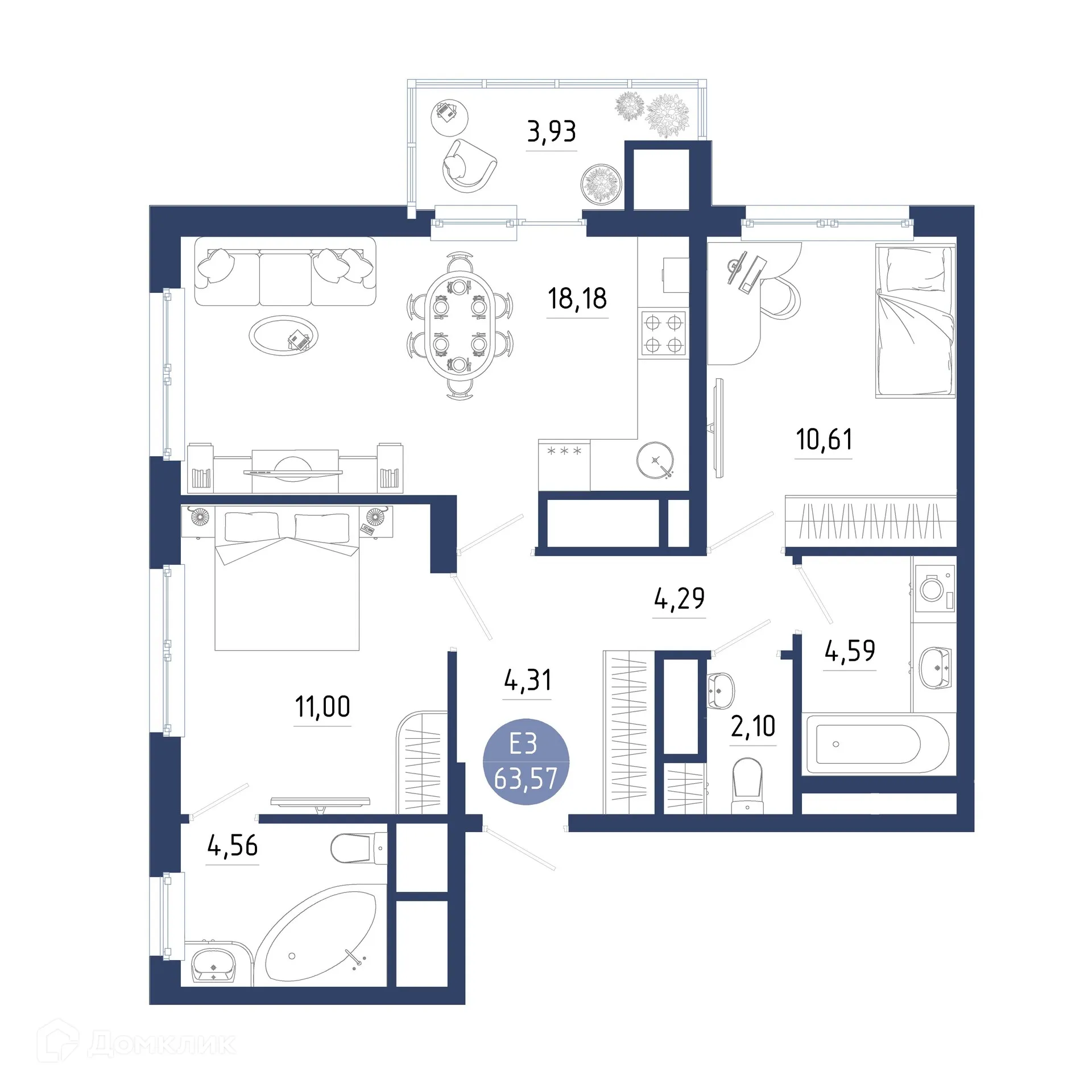 Планировка 2-комнатной квартиры 63.57 м² в ЖК Бульвар оптимистов, г. Дядьково — фото 1