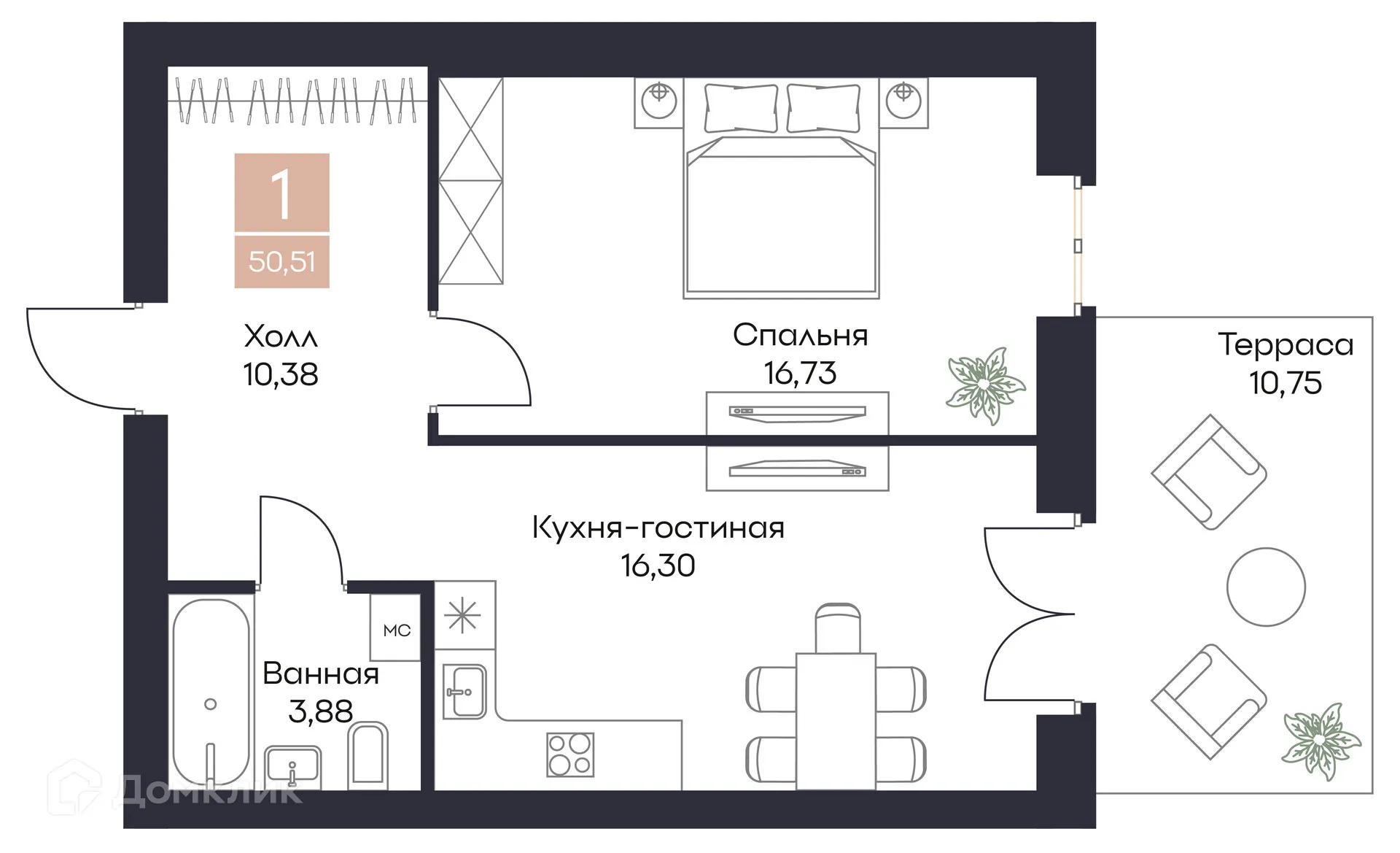 Планировка 1-комнатной квартиры 50.52 м² в ЖК Резиденция Поляна, г. Рязань — фото 3