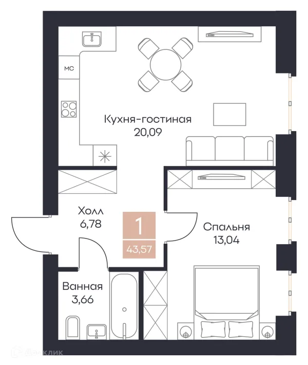 Планировка 1 комн. в ЖК Резиденция Поляна