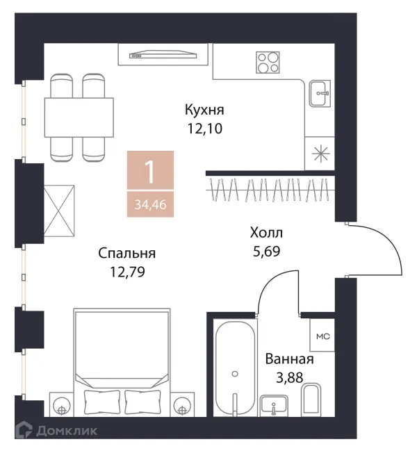 Планировка Студия в ЖК Резиденция Поляна