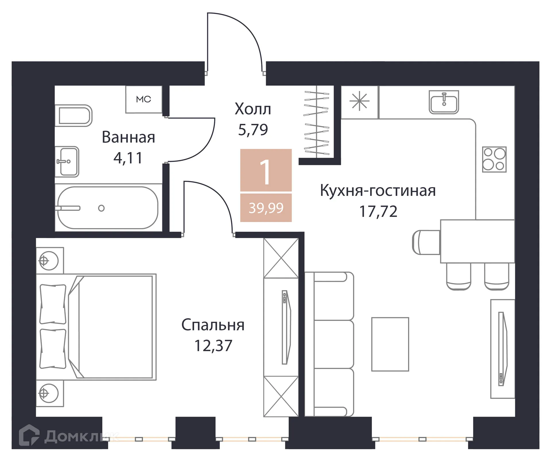 Планировка 1-комнатной квартиры 39.99 м² в ЖК Резиденция Поляна, г. Рязань — фото 1