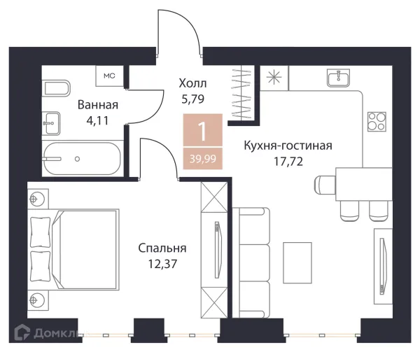 Планировка 1 комн. в ЖК Резиденция Поляна