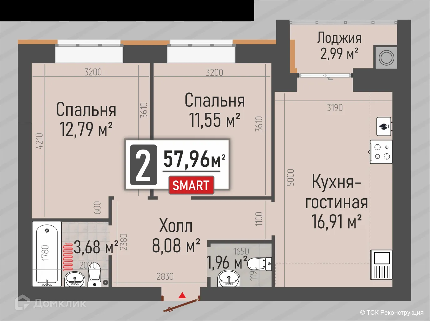 Планировка 2-комнатной квартиры 56.47 м² в ЖК МЕГА-5, г. Рыбное — фото 2