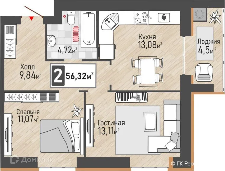 Планировка 2-комнатной квартиры 56.32 м² в ЖК Панорама, г. Рыбное — фото 1