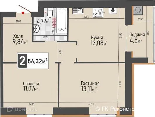 Планировка 2-комнатной квартиры 56.32 м² в ЖК Панорама, г. Рыбное — фото 2