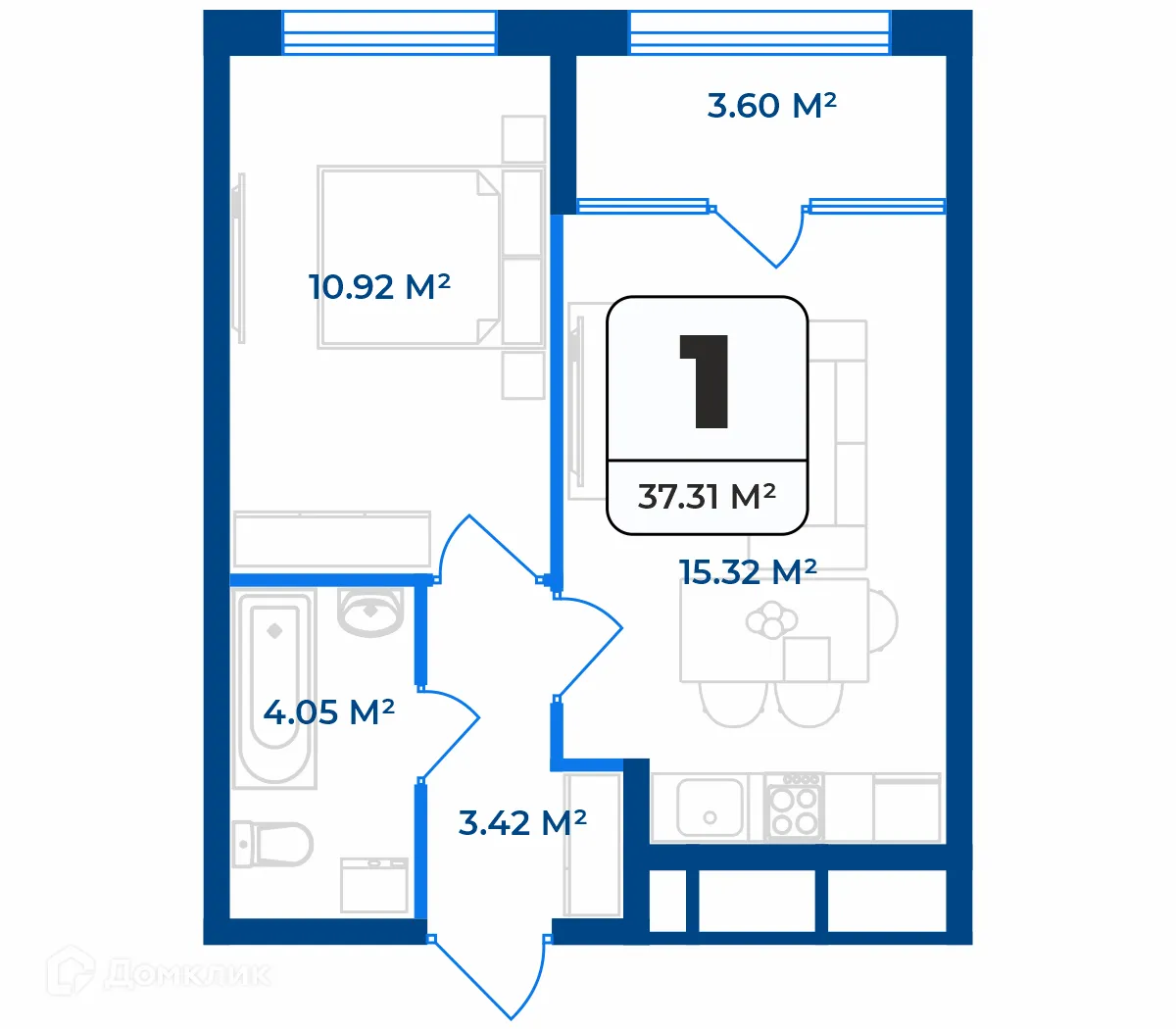 Планировка 1-комнатной квартиры 35.51 м² в ЖК Дом на Разина, г. Рязань — фото 2