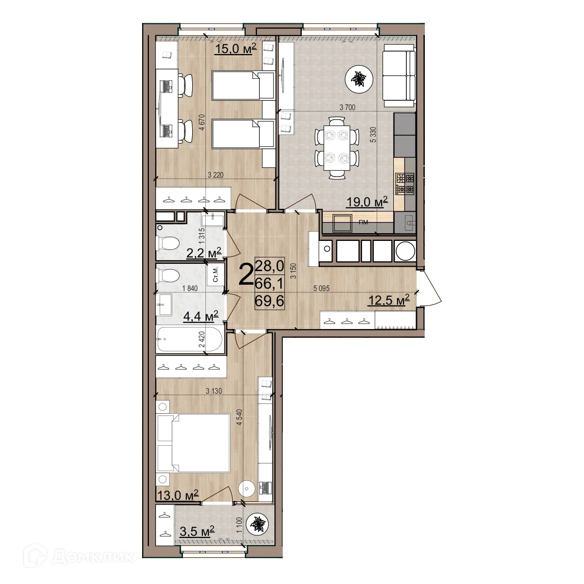 Планировка 2-комнатной квартиры 69.8 м² в ЖК Еврокласс-5, г. Рязань — фото 2