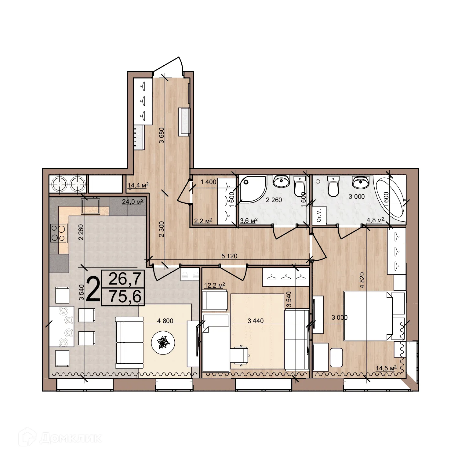 Планировка 2-комнатной квартиры 75.6 м² в ЖК Discovery (Дискавери), г. Рязань — фото 27
