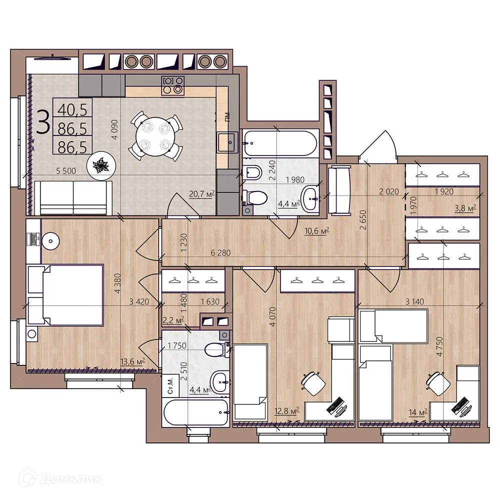 Планировка 3-комнатной квартиры 86.5 м² в ЖК Окская стрелка, г. Рязань — фото 3