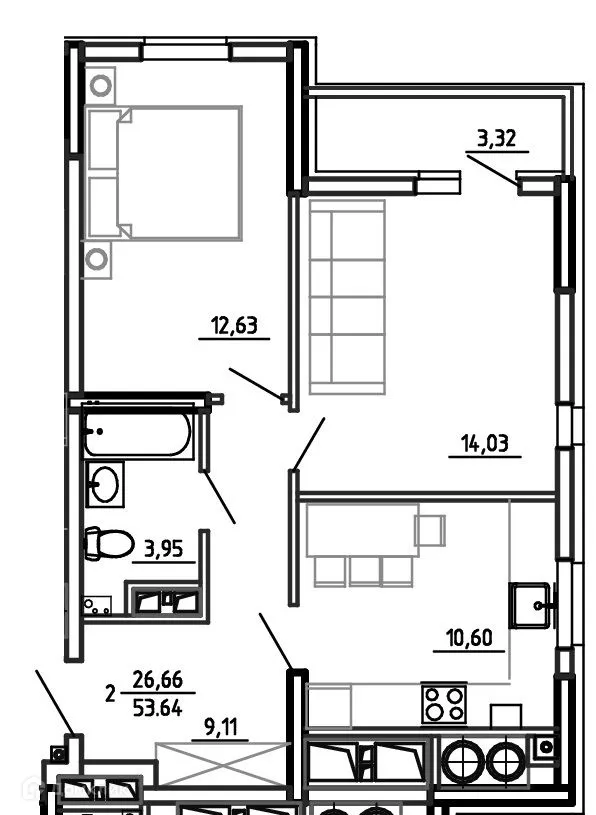 Планировка 2-комнатной квартиры 53.64 м² в ЖК Смарт Квартал ЦЕНТРАЛЬНЫЙ, г. Рязань — фото 1
