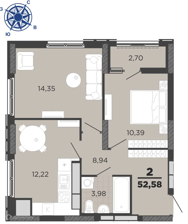 Планировка 2-комнатной квартиры 52.58 м² в ЖК "Академик", г. Рязань — фото 1