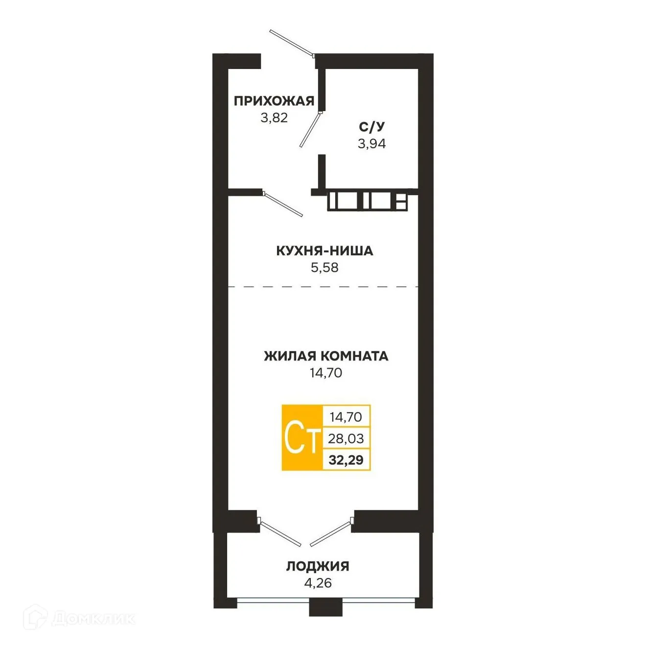 Планировка студии квартиры 32.29 м² в ЖК Ривер Парк, г. Рязань — фото 1