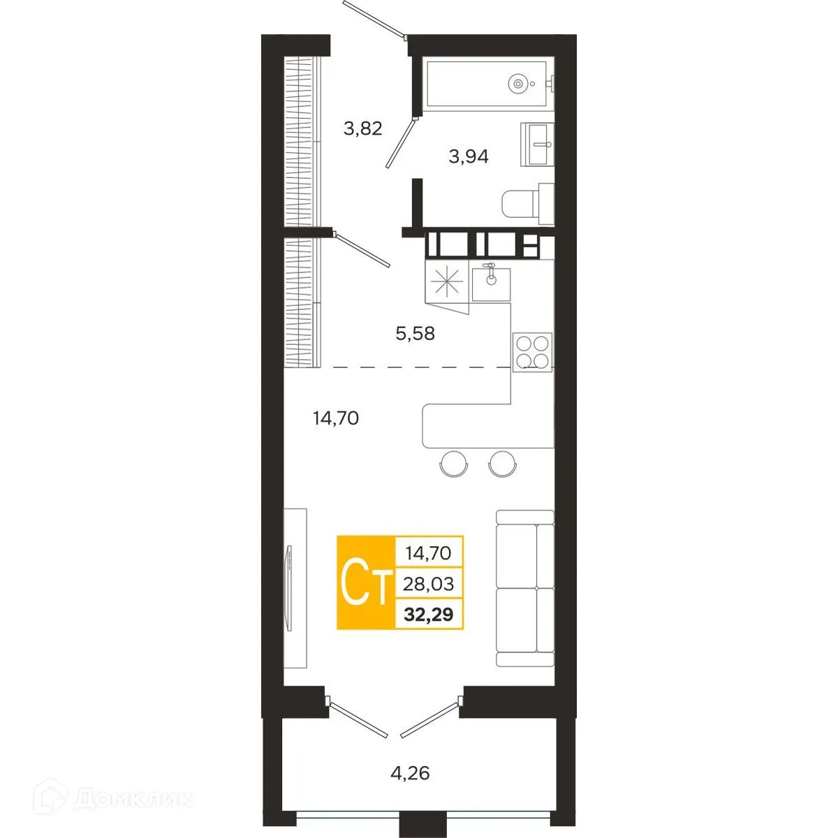 Планировка студии квартиры 32.29 м² в ЖК Ривер Парк, г. Рязань — фото 2