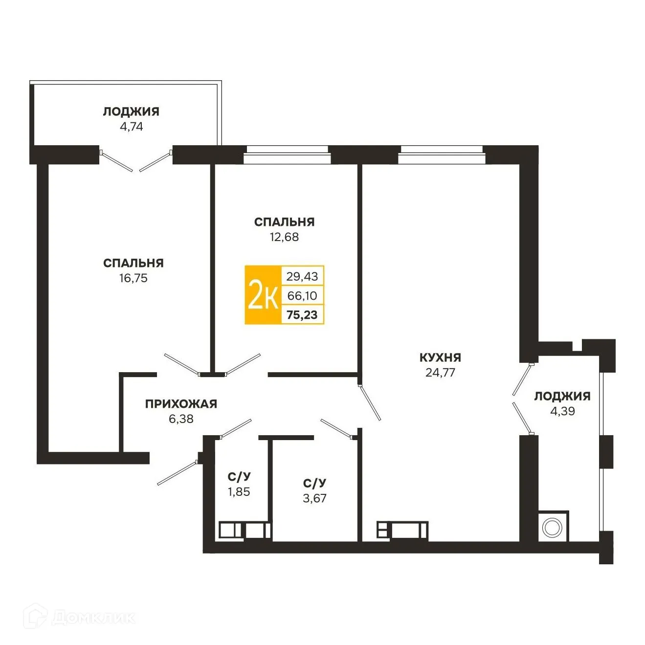 Планировка 2-комнатной квартиры 75.23 м² в ЖК Ривер Парк, г. Рязань — фото 1
