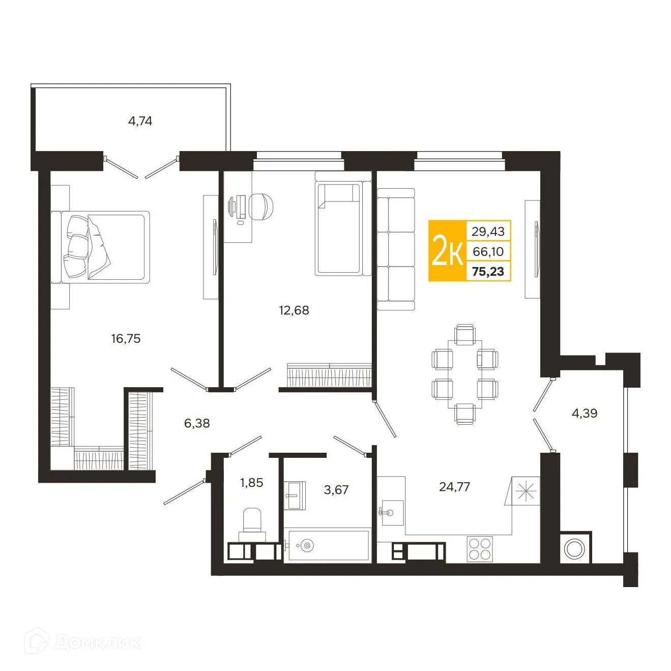 Планировка 2-комнатной квартиры 75.23 м² в ЖК Ривер Парк, г. Рязань — фото 2