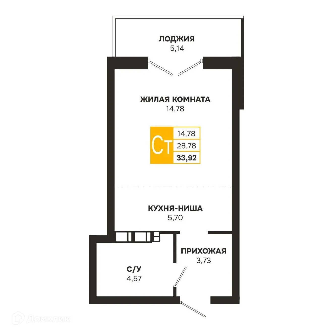 Планировка студии квартиры 33.92 м² в ЖК Ривер Парк, г. Рязань — фото 1