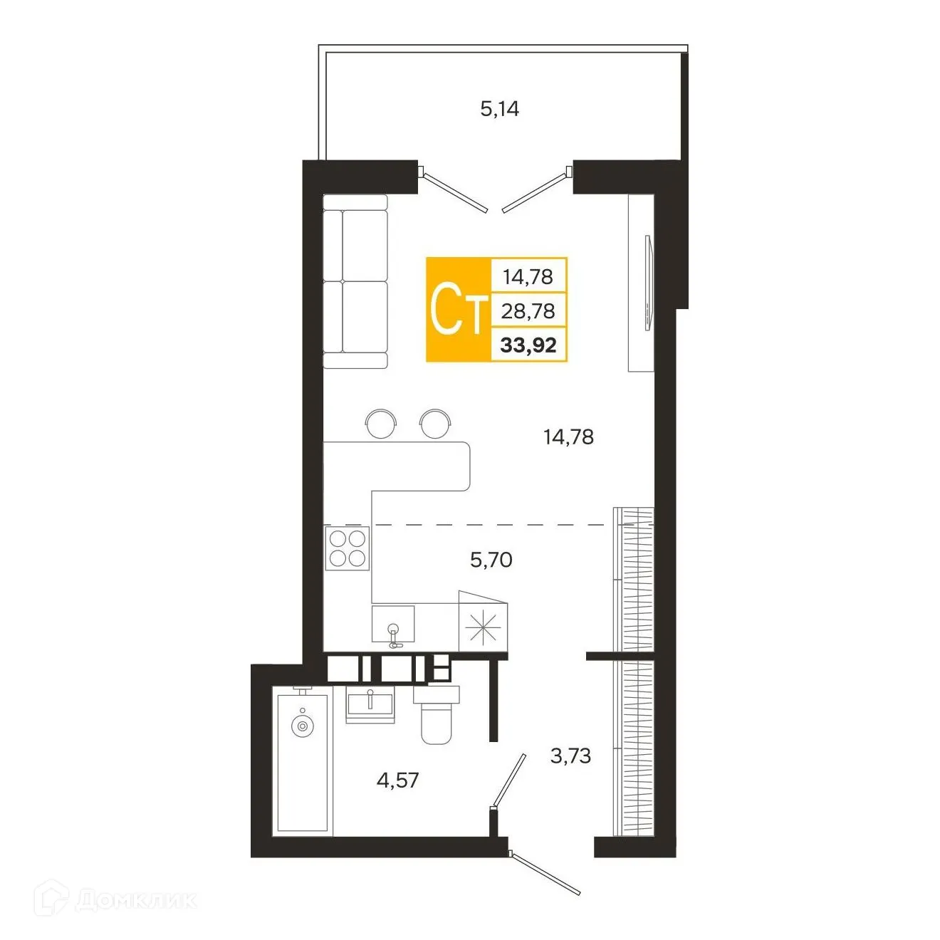Планировка студии квартиры 33.92 м² в ЖК Ривер Парк, г. Рязань — фото 2