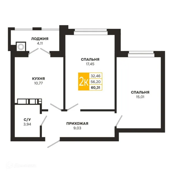 Планировка 2 комн. в ЖК Ривер Парк