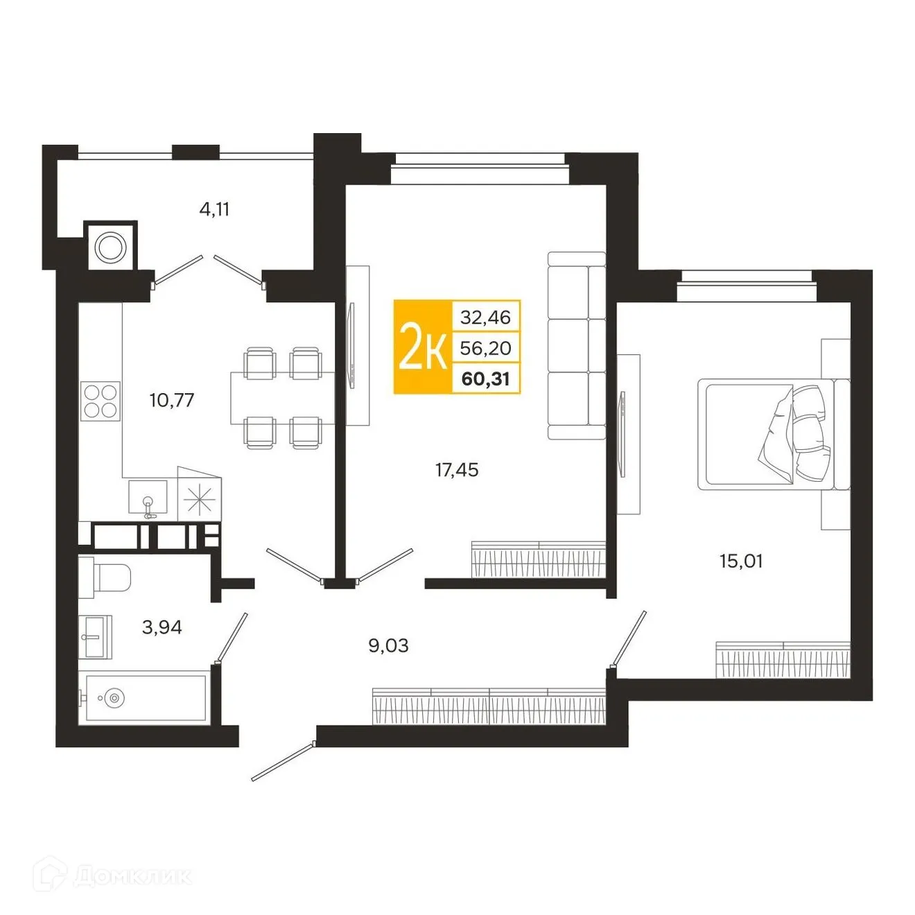 Планировка 2-комнатной квартиры 60.31 м² в ЖК Ривер Парк, г. Рязань — фото 2