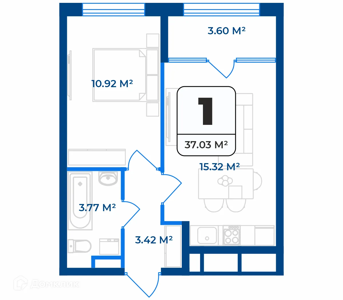 Планировка 1-комнатной квартиры 35.23 м² в ЖК Дом на Разина, г. Рязань — фото 2