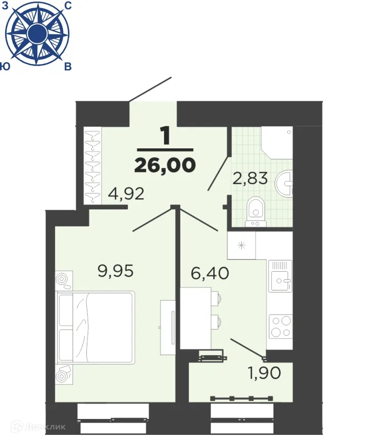 Планировка 1-комнатной квартиры 26 м² в ЖК "Юный", г. Рязань — фото 1