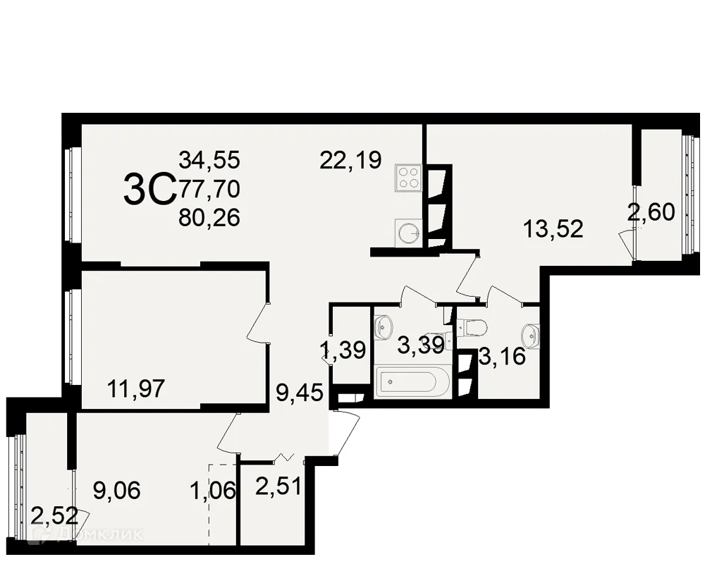 Планировка 3-комнатной квартиры 80.26 м² в ЖК"Новое измерение", г. Рязань — фото 1