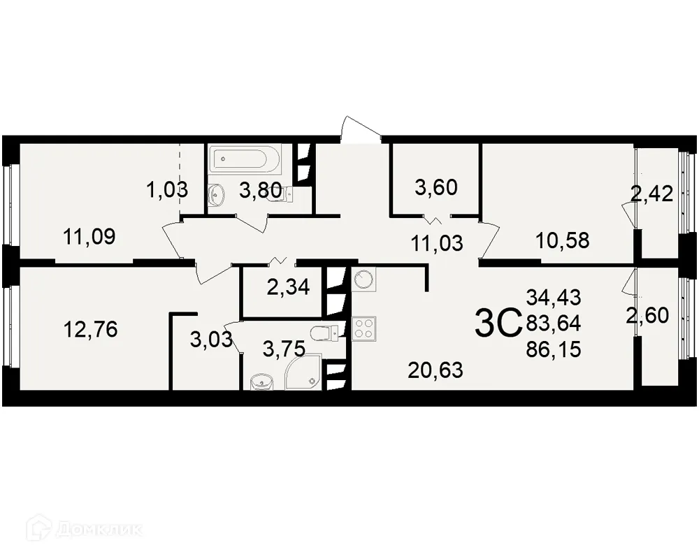 Планировка 3-комнатной квартиры 86.15 м² в ЖК"Новое измерение", г. Рязань — фото 1