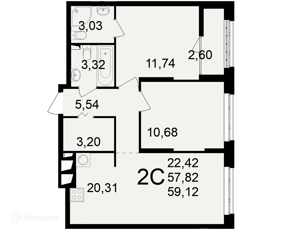 Планировка 2-комнатной квартиры 59.12 м² в ЖК"Новое измерение", г. Рязань — фото 1
