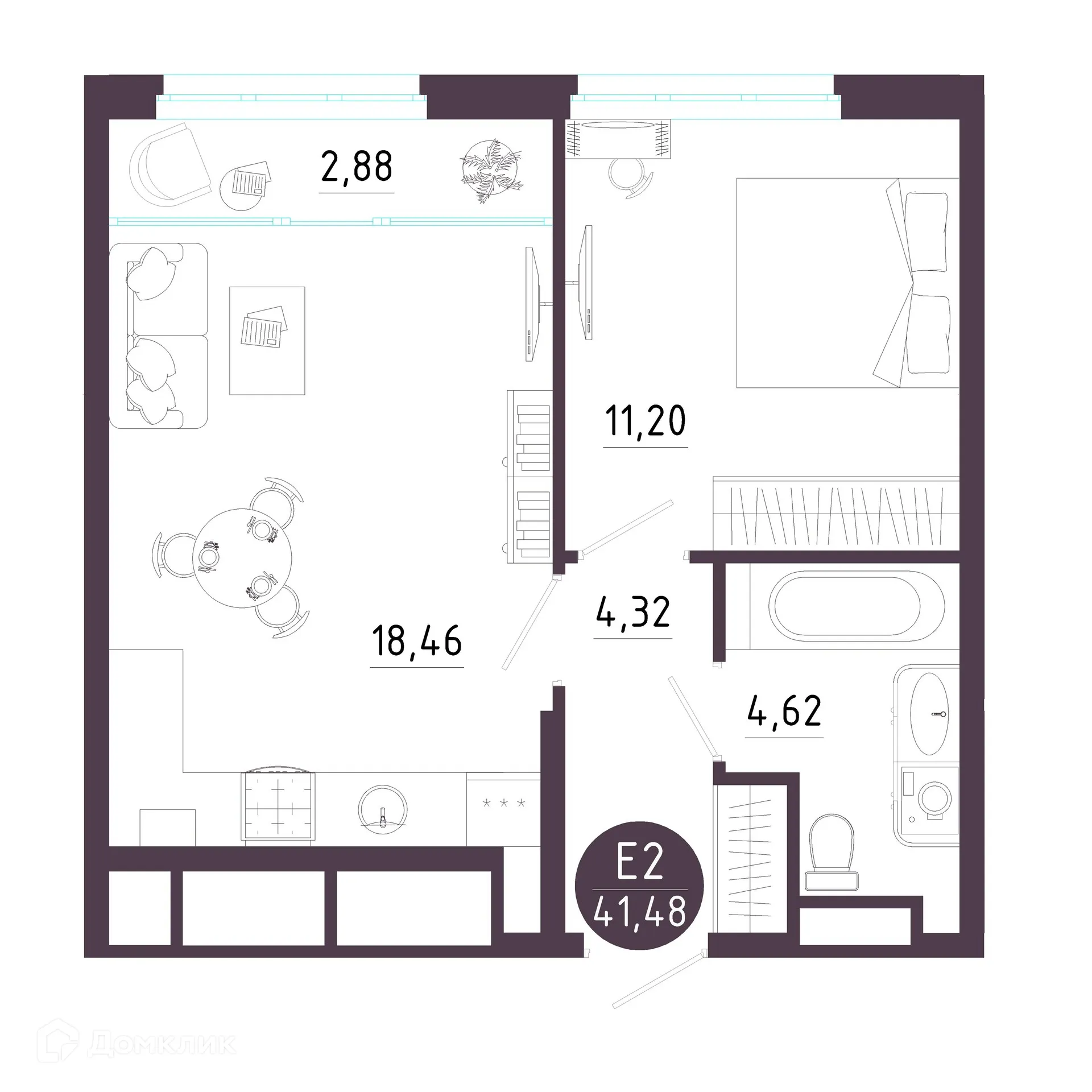 Планировка 1-комнатной квартиры 41.48 м² в ЖК Крылья, г. Рязань — фото 1