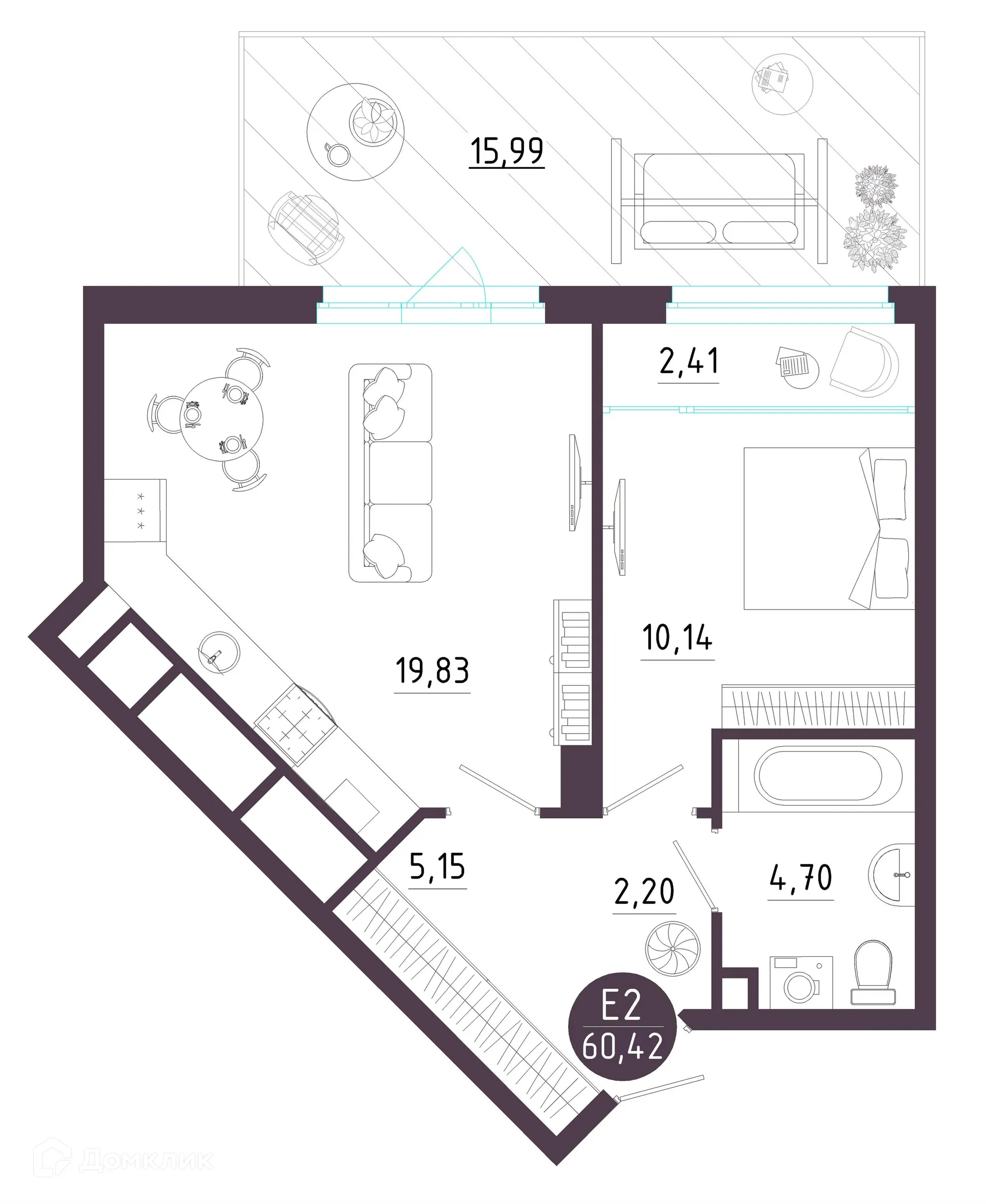 Планировка 1-комнатной квартиры 60.42 м² в ЖК Крылья, г. Рязань — фото 3