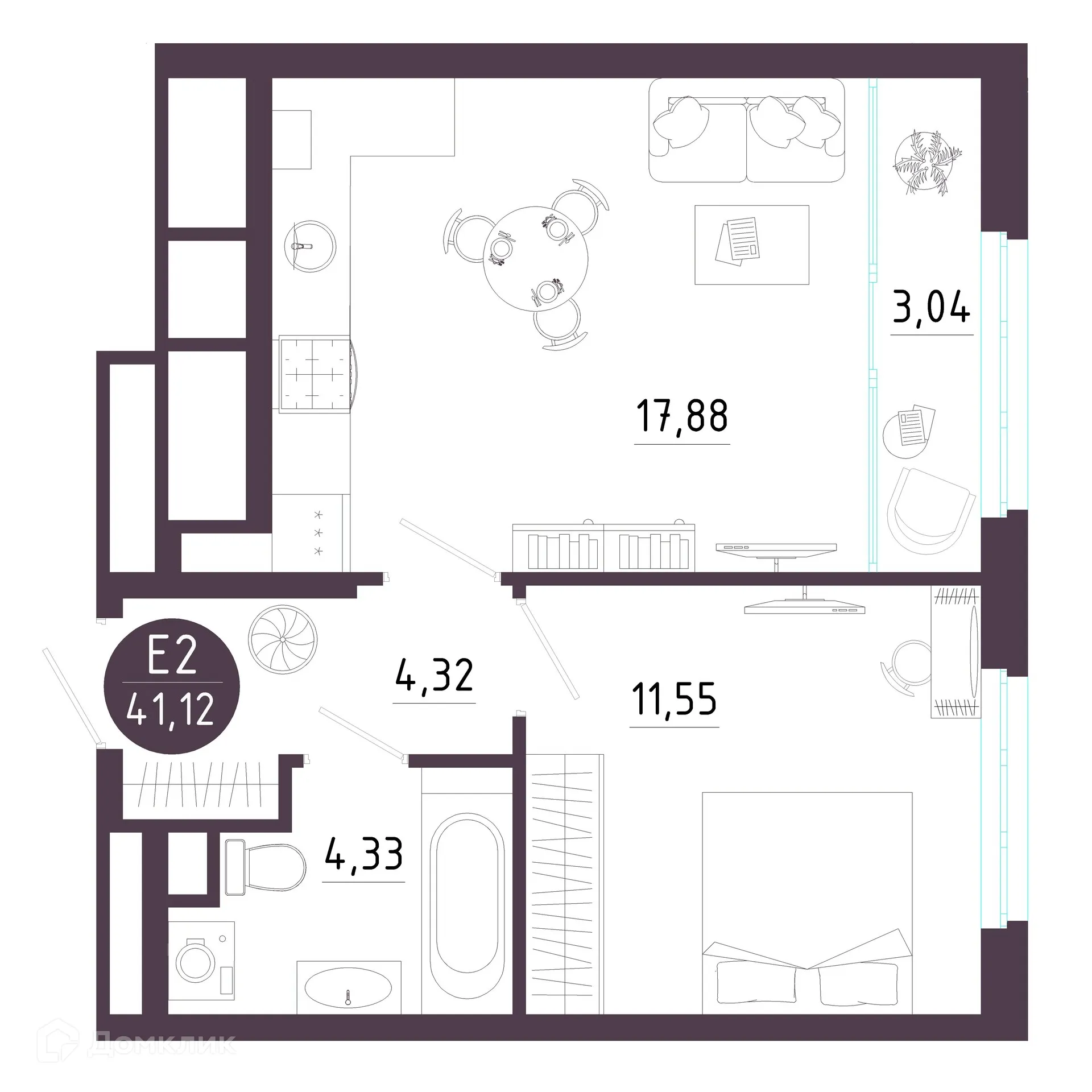 Планировка 1-комнатной квартиры 41.12 м² в ЖК Крылья, г. Рязань — фото 2