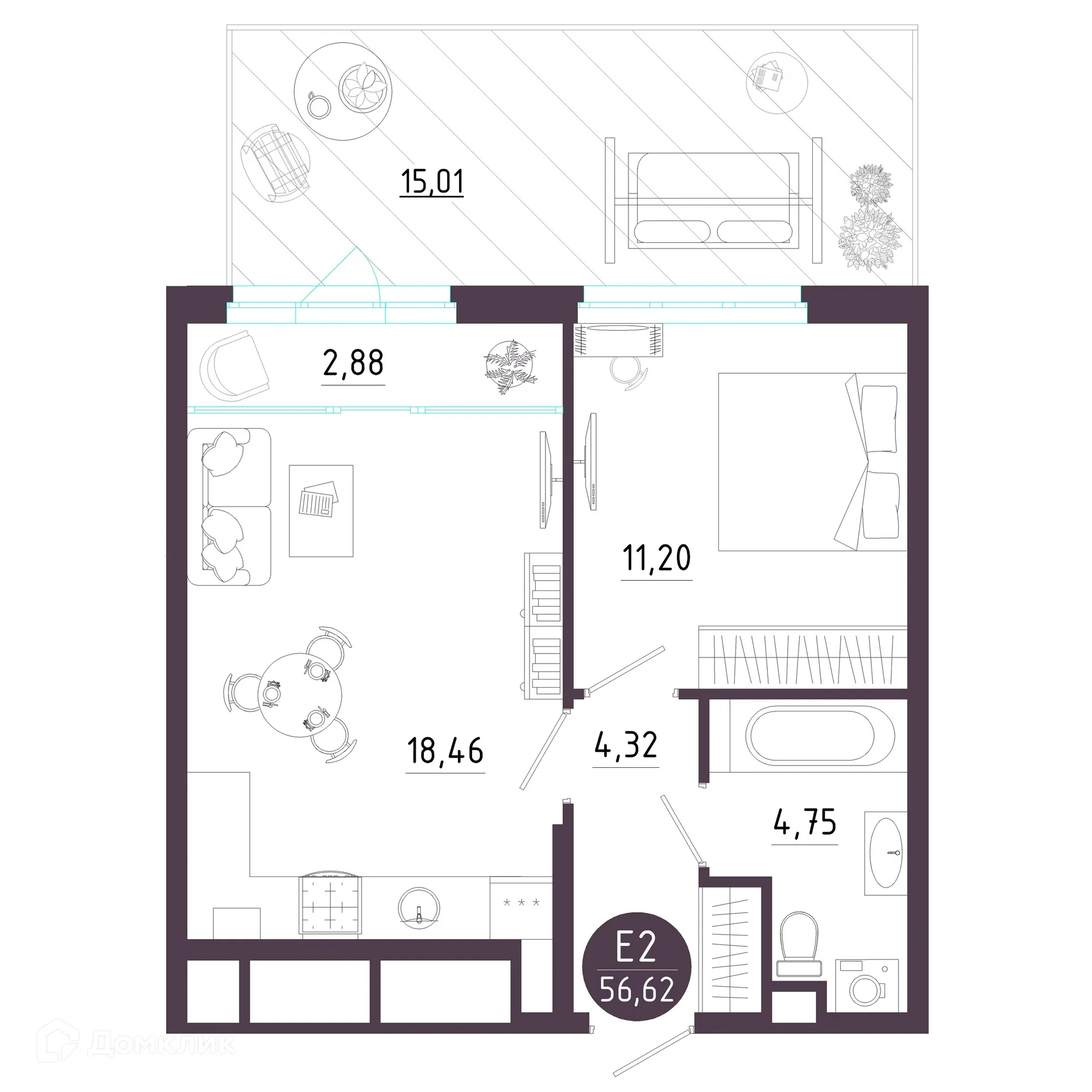 Планировка 1-комнатной квартиры 56.62 м² в ЖК Крылья, г. Рязань — фото 31
