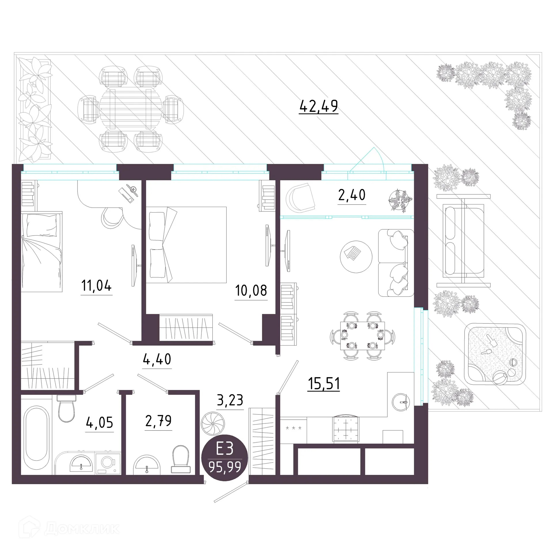 Планировка 2-комнатной квартиры 95.99 м² в ЖК Крылья, г. Рязань — фото 31