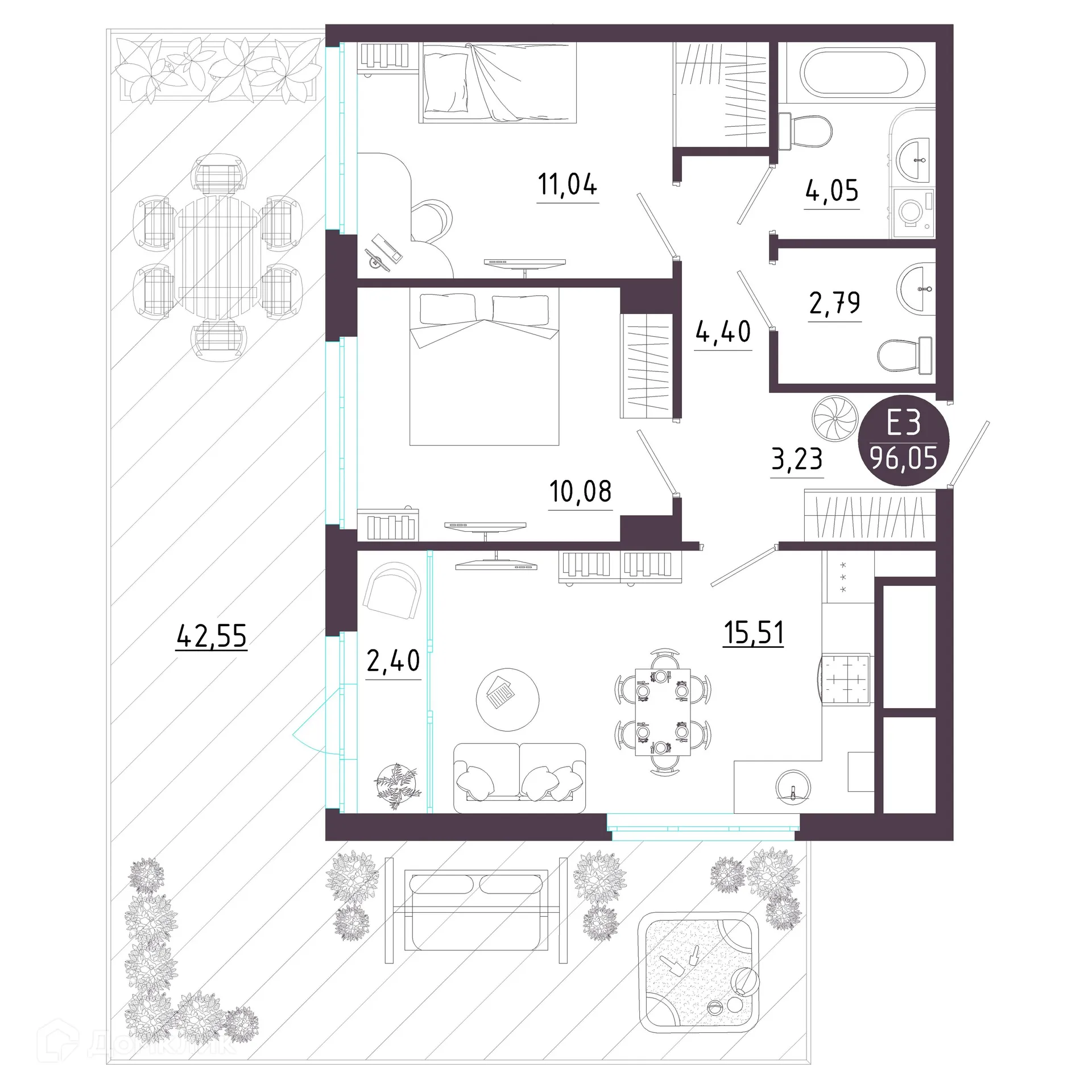 Планировка 2-комнатной квартиры 96.05 м² в ЖК Крылья, г. Рязань — фото 31