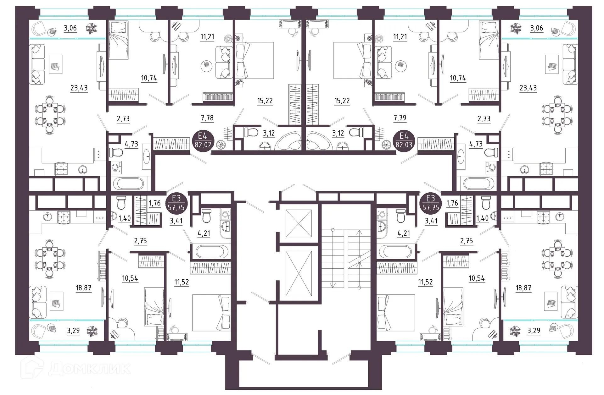Планировка 2-комнатной квартиры 57.75 м² в ЖК Крылья, г. Рязань — фото 2