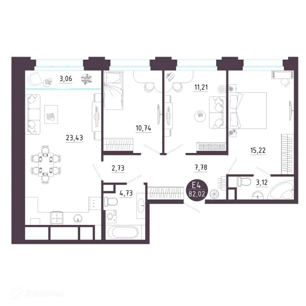Планировка 3 комн. в ЖК Крылья