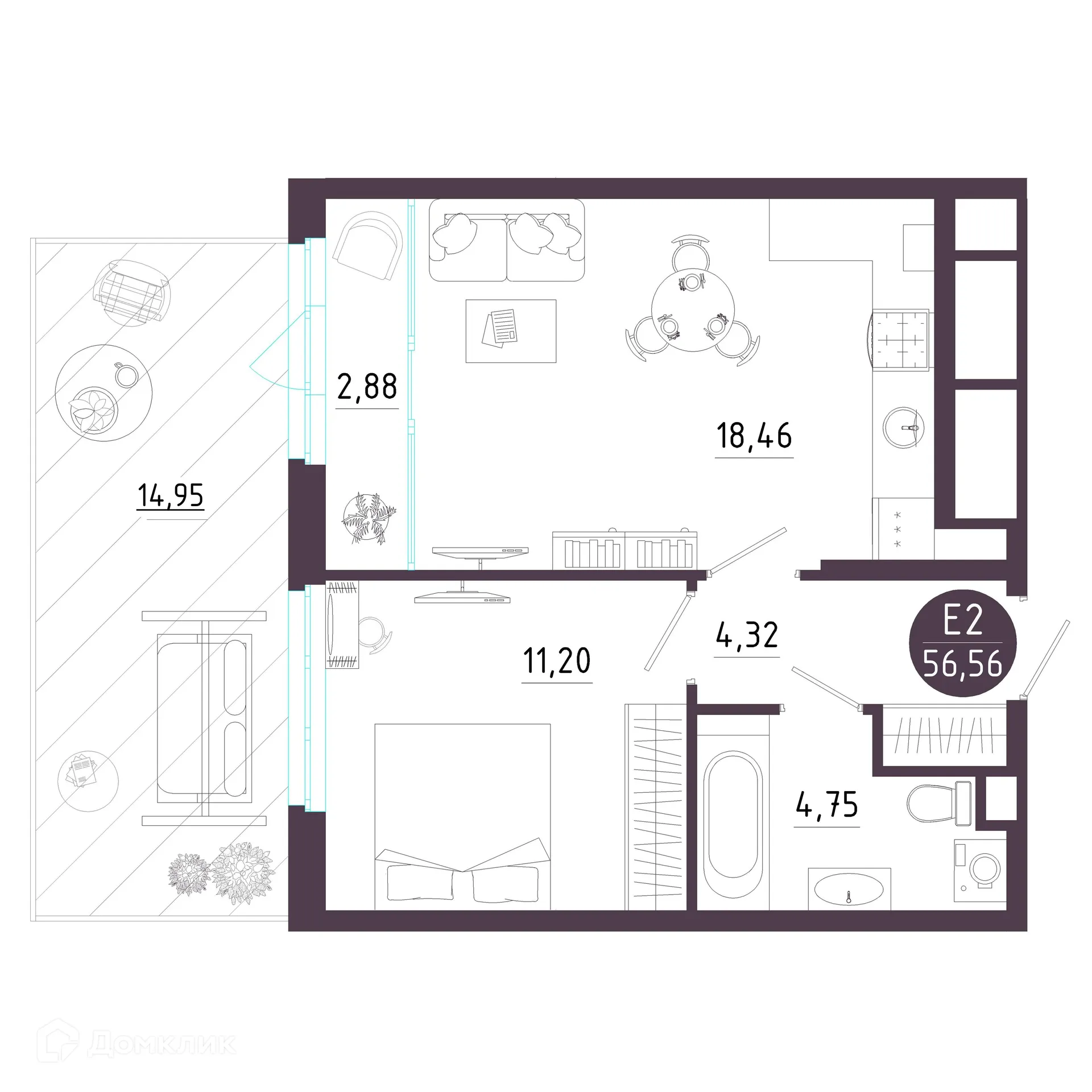 Планировка 1-комнатной квартиры 56.56 м² в ЖК Крылья, г. Рязань — фото 1