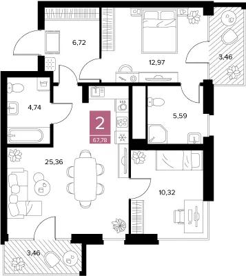 Планировка 2-комнатной квартиры 67.78 м² в ЖК Квартал Дягилев, г. Рязань — фото 6