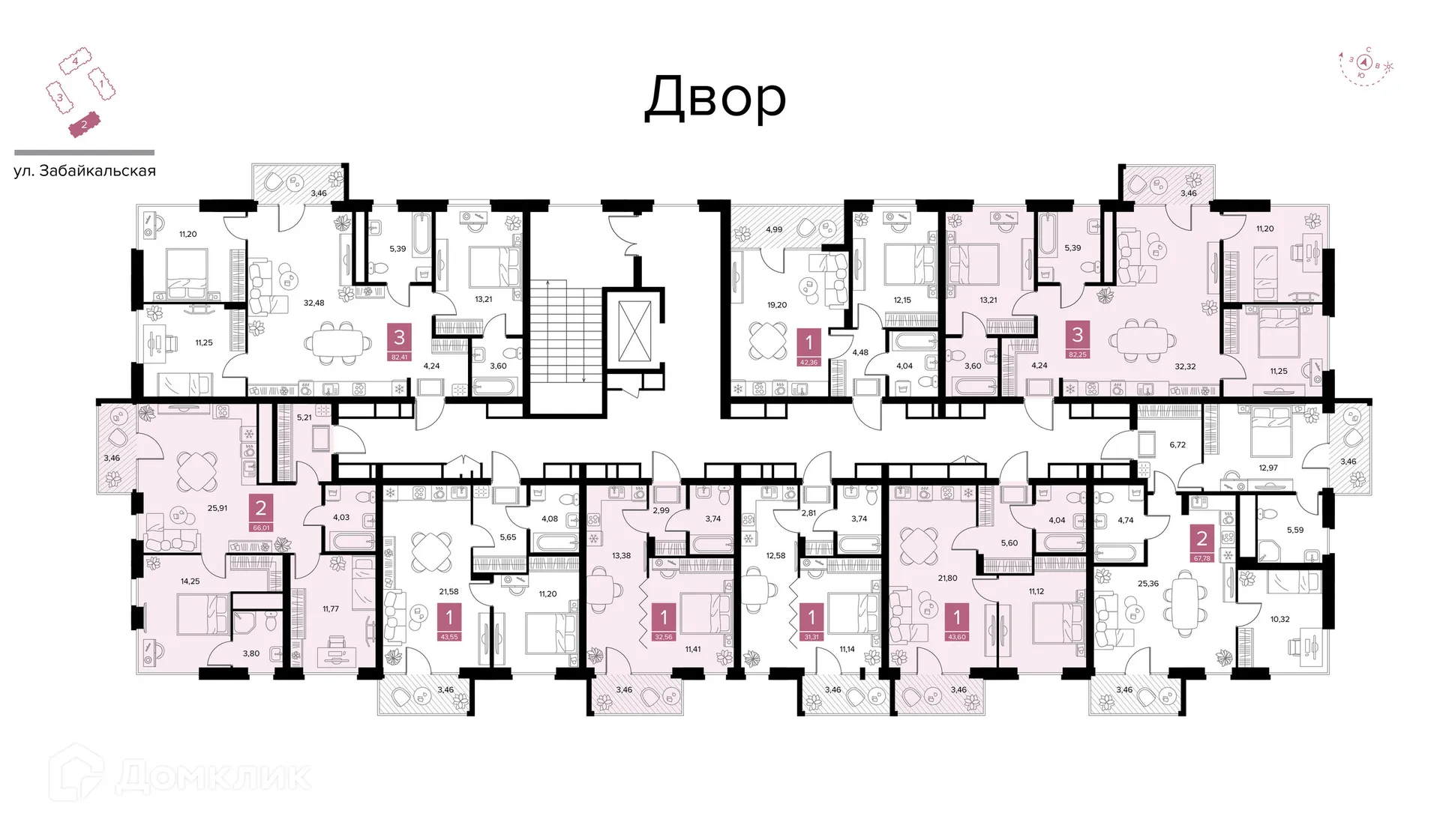 Планировка 2-комнатной квартиры 67.78 м² в ЖК Квартал Дягилев, г. Рязань — фото 7