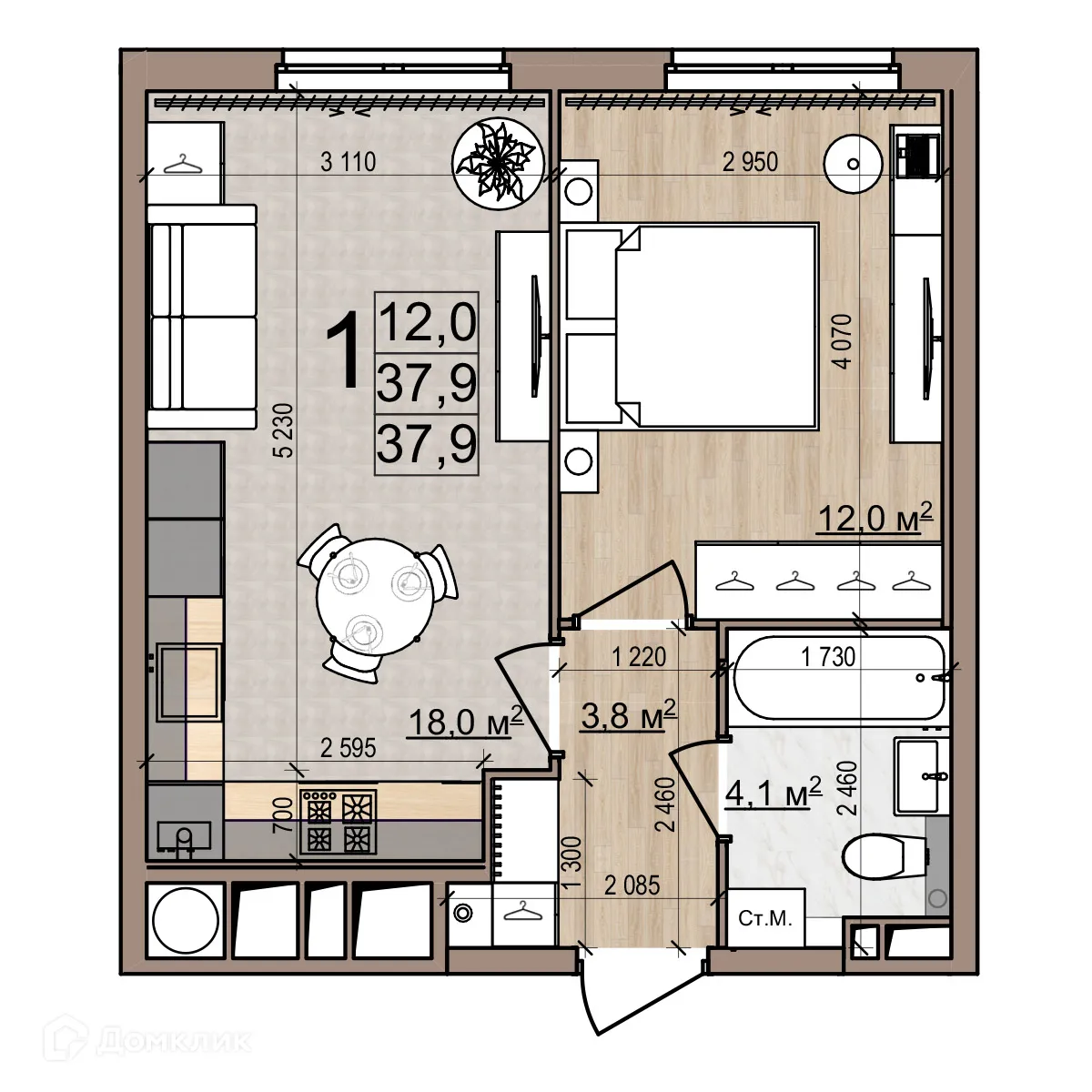 Планировка 1-комнатной квартиры 37.9 м² в ЖК Еврокласс-5, г. Рязань — фото 2