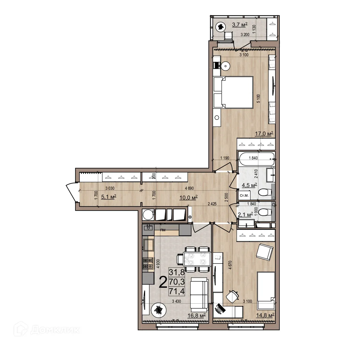 Планировка 2-комнатной квартиры 72.6 м² в ЖК Еврокласс-5, г. Рязань — фото 4