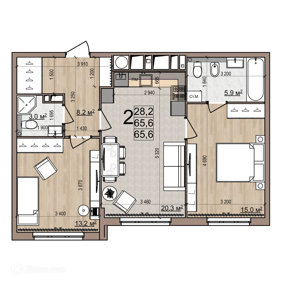 Планировка 2-комнатной квартиры 65.6 м² в ЖК Еврокласс-5, г. Рязань — фото 3