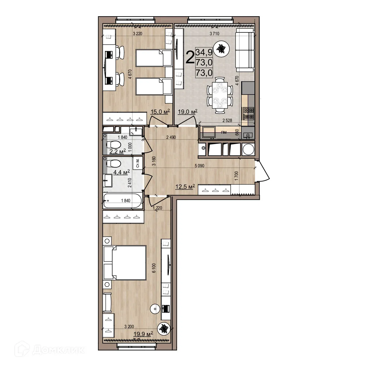 Планировка 2-комнатной квартиры 73 м² в ЖК Еврокласс-5, г. Рязань — фото 4